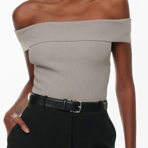 Off-Shoulder Ribbed Knit Top in Taupe